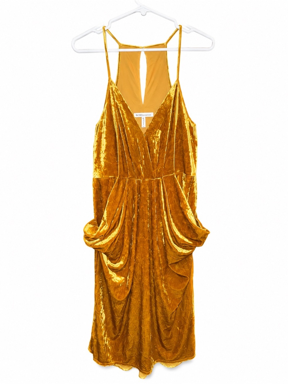 BCBGeneration Mustard Gold Velvet Draped Midi Dress